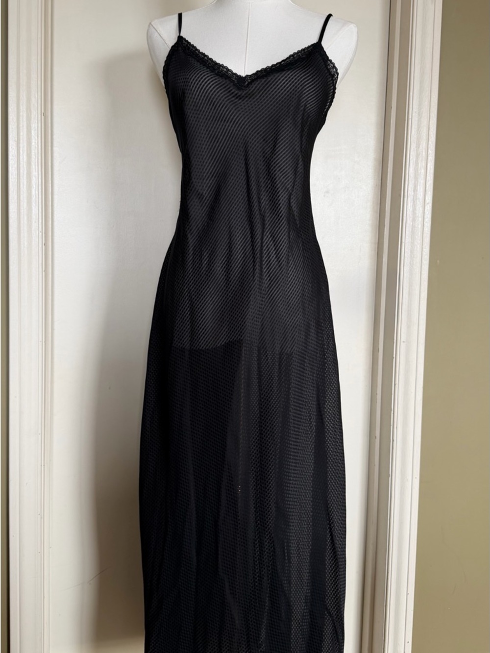 La Senza Black Sheer Mesh Slip Nightgown Lace Trim Size M Y2K